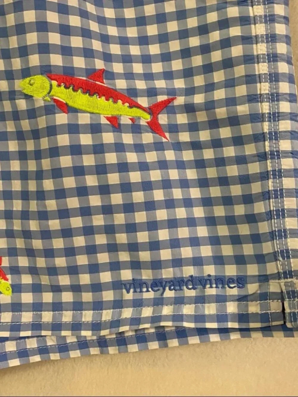 Vineyard Vines blue white gingham check bonefish embroidered Cabana swim trunks